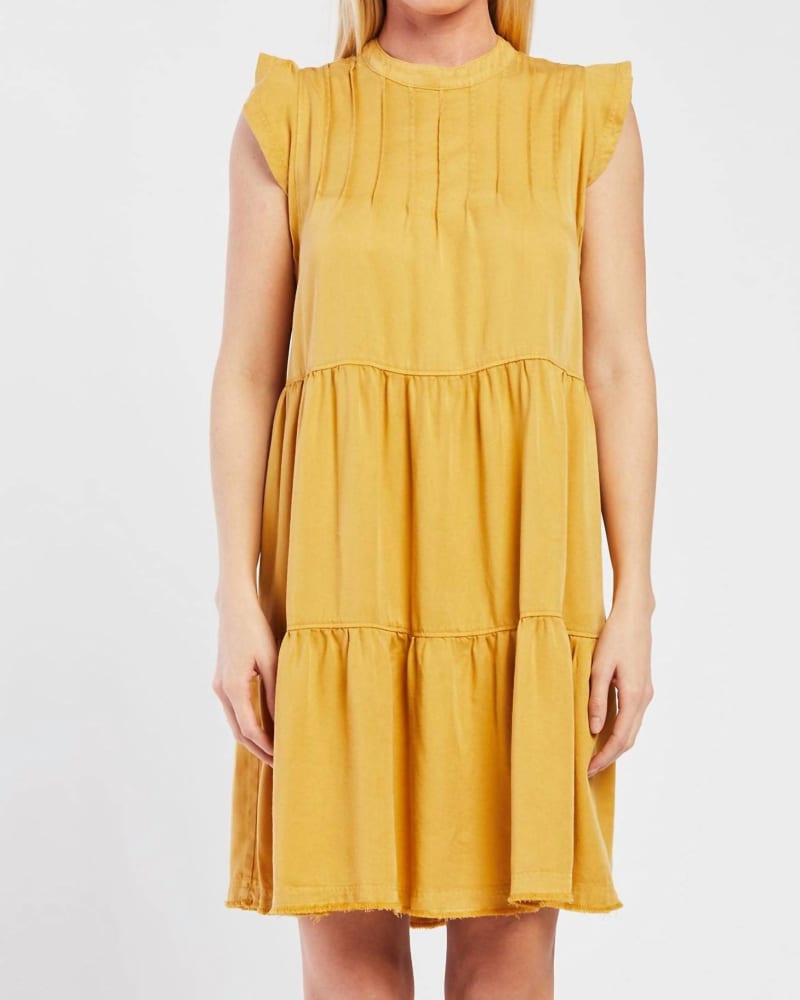 Front of a model wearing a size L Shelly Dress In Honey Mustard in Honey Mustard by Velvet Heart. | dia_product_style_image_id:345676